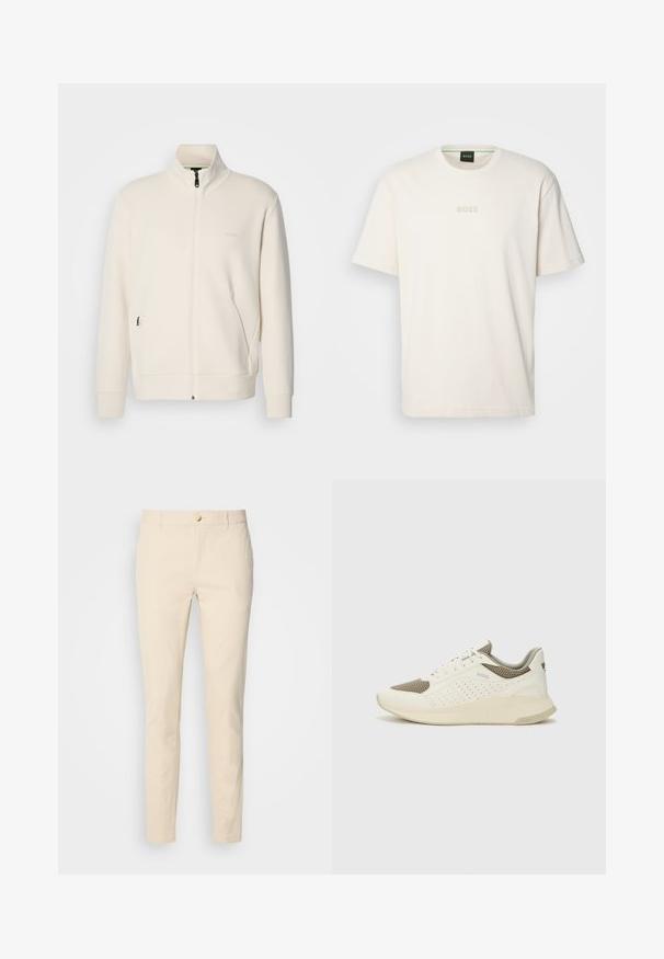 Giacca zip-up bianco sporco con colletto alto, maniche lunghe, tasche laterali e sottile logo "BOSS" sul lato sinistro del petto.; BOSS TEE - T-shirt basic - open white; Scotch & Soda ESSENTIAL MOTT - Chino - parchment; Sneaker atletica bianca e beige chiaro, con tomaia in mesh, dettagli perforati e una suola intermedia texturizzata con marchio sul tallone.