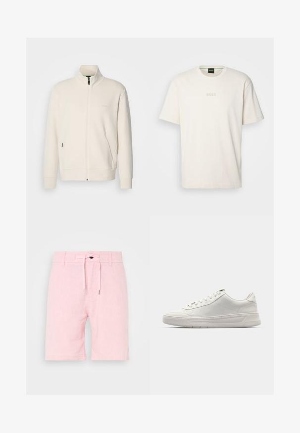 Oficialiai balta zip-up striukė su stovinčia apykakle, ilgomis rankovėmis, šoninėmis kišenėmis ir subtiliu "BOSS" logotipu kairėje krūtinės pusėje.; BOSS TEE - Paprasti marškinėliai - open white; Šviesiai rožiniai lininiai šortai su juosmens raišteliu, pasižymintys lygia tekstūra, trumpa ilgio ir subtiliais šoninėmis plyšiais, kad būtų lengviau judėti.; Balti sportbačiai su lygia oda, apvalia nosimi, užsegimu raišteliais ir storesniu guminio pado. Subtilus logotipas šone.