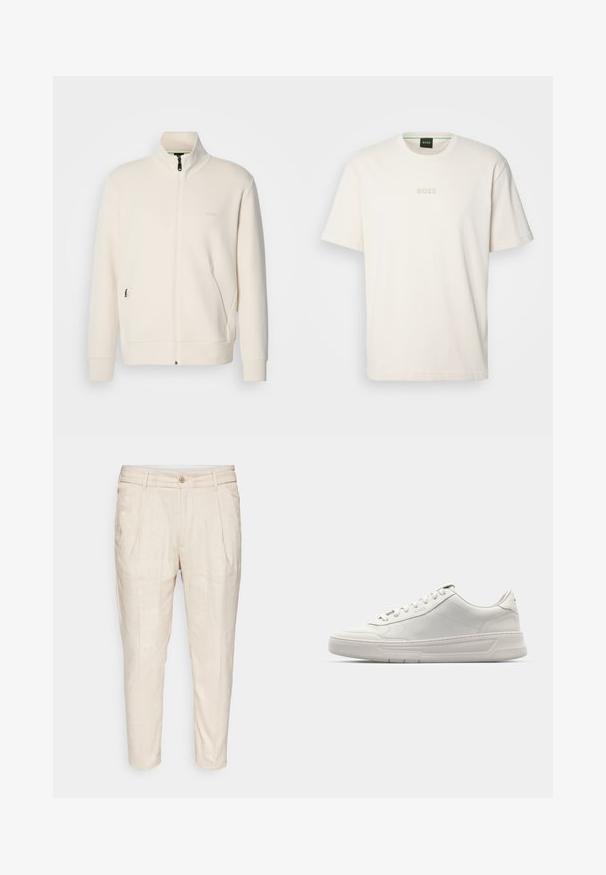 Kurtka zapinana na zamek w kolorze off-white z stójką, długimi rękawami, bocznymi kieszeniami oraz subtelnym logo "BOSS" na lewej piersi.; BOSS - T-shirt basic; Beżowe lniane spodnie o lekko teksturowanym wykończeniu, tapered design, z przodu fałdy i pojedynczym zapięciem na guzik w pasie.; Białe trampki z gładkiej skórzanej cholewki, okrągłym noskiem, sznurowanym zapięciem i grubą gumową podeszwą. Dyskretne logo z boku.