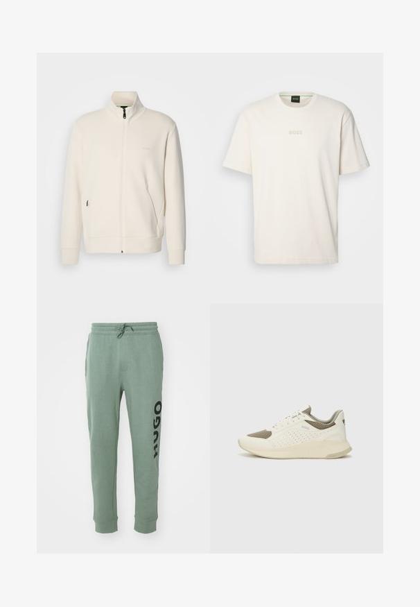 Chaqueta cremosa con cremallera y cuello alzado, mangas largas, bolsillos laterales y un discreto logo de "BOSS" en el lado izquierdo del pecho.; BOSS TEE - Camiseta básica - open white; Pantalones de chándal verdes fabricados en tejido suave, con cintura elástica ajustable y bolsillos laterales. "HUGO" impreso en negro en negrita en la pierna izquierda.; Zapatilla deportiva en blanco y beige claro, con parte superior de malla, detalles perforados y una mediasuela texturizada con la marca en el talón.