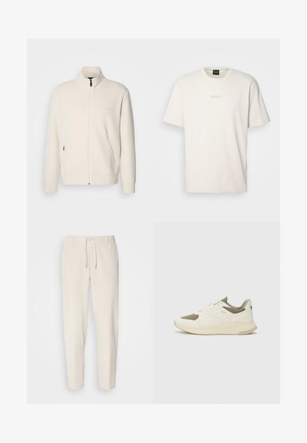Jakna boje off-white s patentnim zatvaračem, stajaćim ovratnikom, dugim rukavima, bočnim džepovima i suptilnim logotipom "BOSS" na lijevoj strani prsnog koša.; BOSS TEE - Osnovna majica kratkih rukava - open white; Svijetložute hlače s uskim krojem, elastičnim pojasom i vezicom. Glatka tkanina s bočnim džepovima i urušenim rubovima.; Bijele i svijetlosmeđe sportske tenisice, sa mrežastim gornjim dijelom, perforiranim detaljima i teksturiranim međutrakom sa brendom na peti.