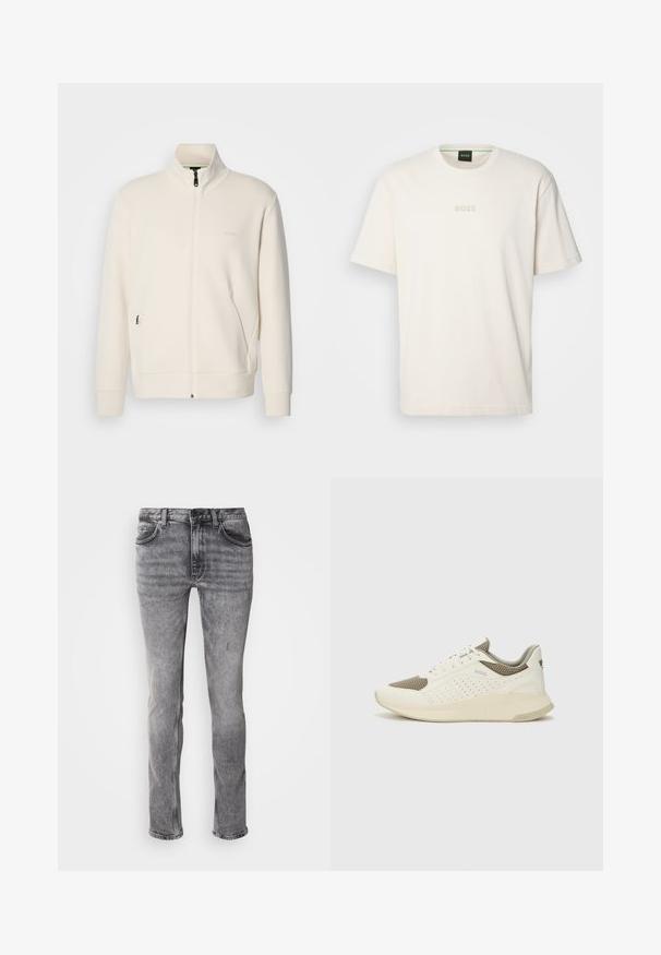 Off-white krūškurvja jaka ar uzacīšu apkakli, garām piedurknēm, sānu kabatām un diskrētu "BOSS" logo uz kreisā krūškurvja.; BOSS TEE - Pamata T-krekls - open white; Pelēki džinsi no denima ar izgaismojumu, slaids taisns piegriezums, piecu kabatu stils un vieglas izbalēšanas detaļas pie augšstilbiem un ceļgaliem.; Baltas un gaiši bež sporta apavi, ar sieta augšdaļu, perforētiem detaļām un teksturētu vidusdaļu ar zīmolu uz papēža.