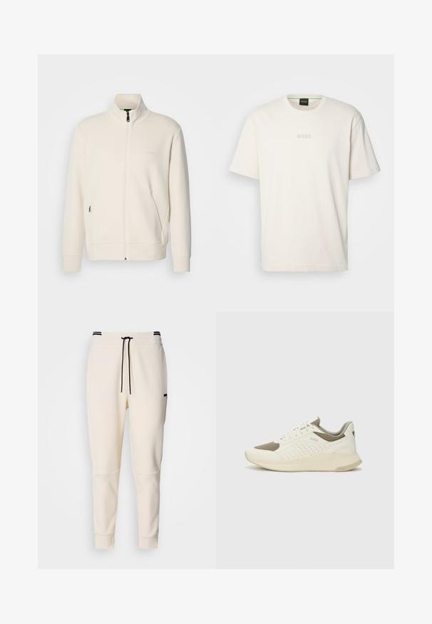 Off-white zip-up jacket with stand collar, long sleeves, side pockets, and subtle "BOSS" logo on the left chest.; BOSS TEE - Basic T-shirt - open white; Cream-colored jogger pants featuring an elastic waistband with a drawstring, black accents, tapered legs, and side pockets.; White and light beige athletic sneaker, featuring a mesh upper, perforated detailing, and a textured midsole with branding on the heel.