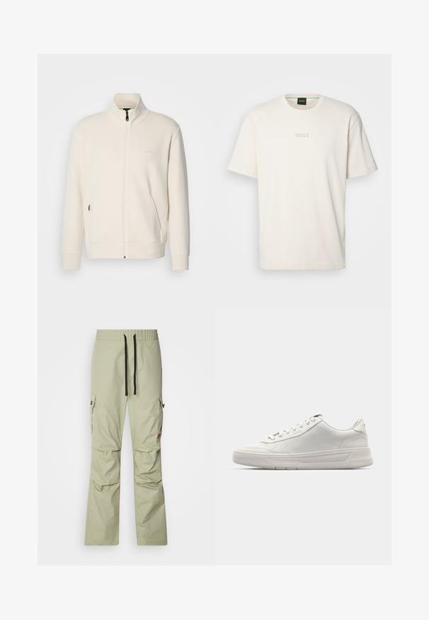 Off-white zip-up jacket with stand collar, long sleeves, side pockets, and subtle "BOSS" logo on the left chest.; BOSS TEE - Basic T-shirt - open white; Light green cargo pants with a relaxed fit, elastic waistband, black drawstring, two side pockets, and subtle stitching details.; White sneakers with a smooth leather upper, round toe, lace-up closure, and a thick rubber sole. Subtle logo on the side.