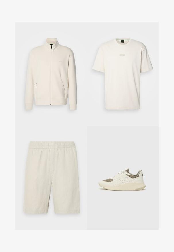 Off-white krūškurvja jaka ar uzacīšu apkakli, garām piedurknēm, sānu kabatām un diskrētu "BOSS" logo uz kreisā krūškurvja.; BOSS TEE - Pamata T-krekls - open white; Bežīgas lina šorts ar elastīgu jostu, ar gludu tekstūru un taisna griezuma dizainu, kas beidzas nedaudz virs ceļa.; Baltas un gaiši bež sporta apavi, ar sieta augšdaļu, perforētiem detaļām un teksturētu vidusdaļu ar zīmolu uz papēža.