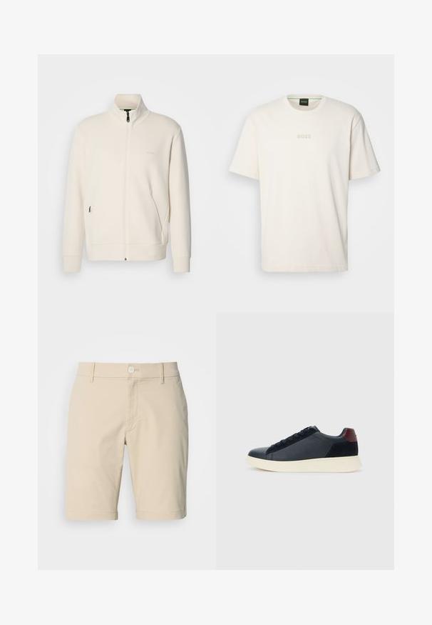 Casaco com fecho éclair em tom off-white, com colarinho elevado, mangas longas, bolsos laterais e um discreto logótipo "BOSS" no lado esquerdo do peito.; BOSS TEE - T-shirt básica - open white; Calções de algodão bege com frente lisa, fecho de botão e passantes para cinto. Apresenta bolsos e um design de perna reta. Textura suave.; Sapatilha baixa masculina em couro preto e camurça com aba de calcanhar em amarelo-escuro e sola de borracha branca, vista do lado exterior.