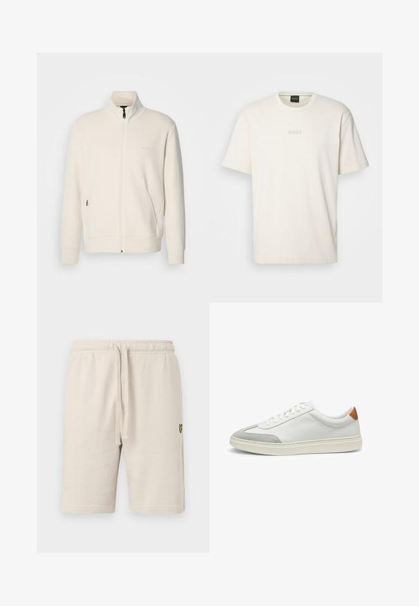 Off-white zip-up jack met staande kraag, lange mouwen, zijzakken en een subtiele "BOSS" logo op de linkerborst.; BOSS TEE - T-shirt basic - open white; Beige katoenen shorts met een elastische tailleband en trekkoord. Voorzien van een klein zwart logo op de linkerdij. Gladde textuur, knie-lengte.; Witte leren sneakers met grijze suede accenten en een tan leren hieltab. Kenmerkt zich door een textuurovervlak en een lichtgewicht zool.