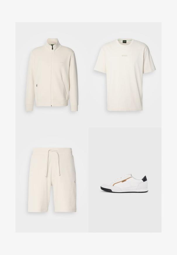 Oficialiai balta zip-up striukė su stovinčia apykakle, ilgomis rankovėmis, šoninėmis kišenėmis ir subtiliu "BOSS" logotipu kairėje krūtinės pusėje.; BOSS TEE - Paprasti marškinėliai - open white; Balti, tekstūruoti šortai pagaminti iš raukšlėtos medžiagos, su elastingu juosmeniu, virvute ir šoninėmis kišenėmis. Subtilus prekės ženklas ant kojos.; Balti sportiniai bateliai su tinklinėmis ir odinėmis detalėmis. Yra auksinė "BOSS" logotipas, tekstūruoti šonai ir juodas kulno dangtelis. Guminis padas.
