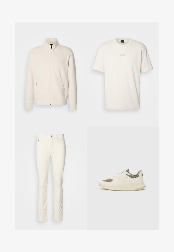 Chaqueta cremosa con cremallera y cuello alzado, mangas largas, bolsillos laterales y un discreto logo de "BOSS" en el lado izquierdo del pecho.; BOSS TEE - Camiseta básica - open white; Pantalones blancos de pierna recta hechos de una suave tela de algodón. Con cierre de botón, pasadores para cinturón y bolsillos delanteros. Diseño minimalista sin patrones.; Zapatilla deportiva en blanco y beige claro, con parte superior de malla, detalles perforados y una mediasuela texturizada con la marca en el talón.