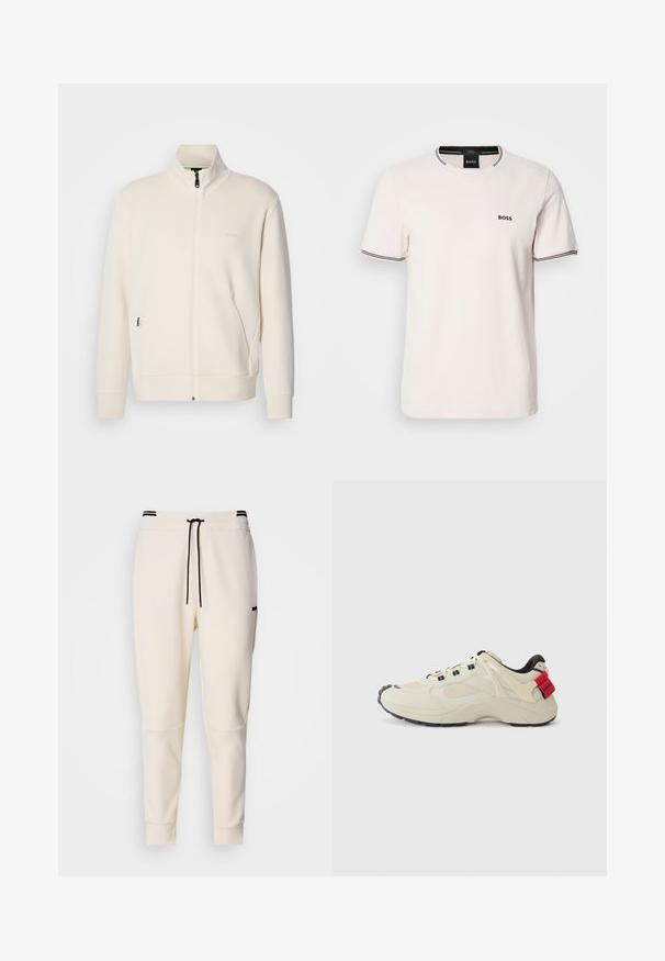 Off-white krūškurvja jaka ar uzacīšu apkakli, garām piedurknēm, sānu kabatām un diskrētu "BOSS" logo uz kreisā krūškurvja.; Gaiši rozā T-krekls, izgatavots no kokvilnas. Ar apaļu kakla izgriezumu un kontrastējošu melnu ribotu apdari. Mazs melns "BOSS" logo uz krūtīm. Īsas piedurknes.; Kreminkrāsas joggeri ar elastīgu jostasvīru un šnurēšanu, melniem akcentiem, sašaurinātiem biksēm un sānu kabatām.; Bēšīgas kedas ar tīkla un ādas paneļiem, melna gumijas zole, auklu aizdare un sarkans accents uz papēža ar "Hugo" zīmolu.