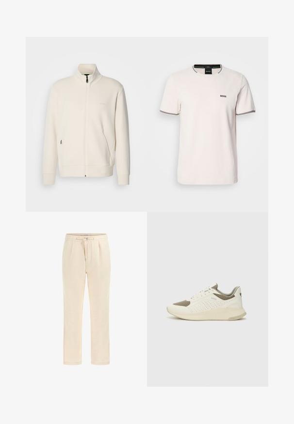 Off-white zip-up jacka med ståkrage, långa ärmar, sidofickor och subtil "BOSS"-logotyp på vänster bröst.; Ljusrosa t-shirt i bomull. Rund hals med kontrasterande svart ribbad trim. Liten svart "BOSS"-logga på bröstet. Korta ärmar.; Beige sweatpants tillverkade av mjukt tyg med resårmidja, dragsko och sidofickor. Rak bendesign med en jämn textur.; Vit och ljusbeige atletisk sneaker med ett meshöverdrag, perforerade detaljer och en texturerad mellansula med varumärke på hälen.