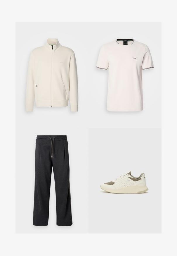 Krémová bunda na zips so stojatým golierom, dlhými rukávmi, bočnými vreckami a jemným logom "BOSS" na ľavej hrudi.; Světle růžové tričko vyrobené z bavlny. Kulatý výstřih s kontrastním černým žebrovaným lemem. Malé černé logo "BOSS" na hrudi. Krátké rukávy.; Tmav gray tepláky s jemnou textúrou, elastickým pásom, šnúrkou na sťahovanie a bočnými švami s kontrastnými akcentmi. Široký strih.; Biele a svetlo béžové športové tenisky s hornou časťou z mriežkového materiálu, perforovanými detailmi a textúrovanou medzipodrážkou s logom na päte.