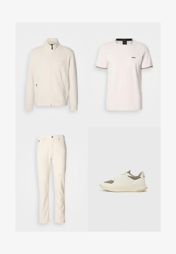 Kreemi värvi lukuga jakk kõrge kraega, pikkade varrukatega, küljetaskutega ja diskreetse "BOSS" logo ka vasakul rinnal.; Heled roosa puuvillane t-särk. Ümar kaelus kontrastse musta ribaga. Rinna peal väike must "BOSS" logo. Lühikesed varrukad.; Kreemvalged sirged teksad nupuga kinnitusega, vöökohaga ja esikottidega, lihtsa tausta ees.; Valge ja heledat beeži värvi spordijalats, millel on õhuke võrkmaterjal, perforatsioonidega detailid ning tekstuuriga vahetald, millel on brändi logo kannaosas.