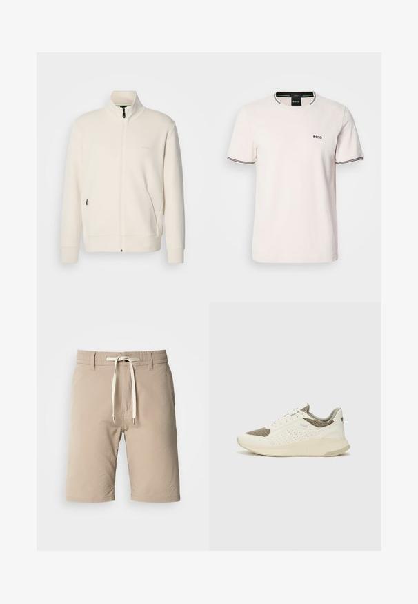 Krémová zipová bunda s vysokým límcem, dlouhými rukávy, bočními kapsami a jemným logem "BOSS" na levé části hrudi.; Světle růžové tričko vyrobené z bavlny. Kulatý výstřih s kontrastním černým žebrovaným lemem. Malé černé logo "BOSS" na hrudi. Krátké rukávy.; Beige kraťasy vyrobené z texturované tkaniny s elastickým pasem, vybavené šňůrkou a kovovými konci, s rovnou siluetou a lemem.; Bílé a světle béžové atletické tenisky, které mají síťovaný svršek, perforované detaily a texturovanou mezipodešev s logem na patě.