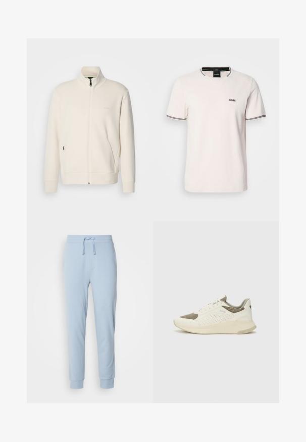 Off-white zip-up jack met staande kraag, lange mouwen, zijzakken en een subtiele "BOSS" logo op de linkerborst.; Lichtroze T-shirt van katoen. Ronde hals met contrasterende zwarte ribbelafwerking. Klein zwart "BOSS"-logo op de borst. Korte mouwen.; Lichtblauwe sweatpants van zachte stof met een elastische tailleband en verstelbaar trekkoord. De boordjes aan de onderkant maken het ontwerp af.; Witte en lichtbeige sport sneaker, met een bovenwerk van mesh, geperforeerde details en een gestructureerde tussenzool met branding op de hiel.