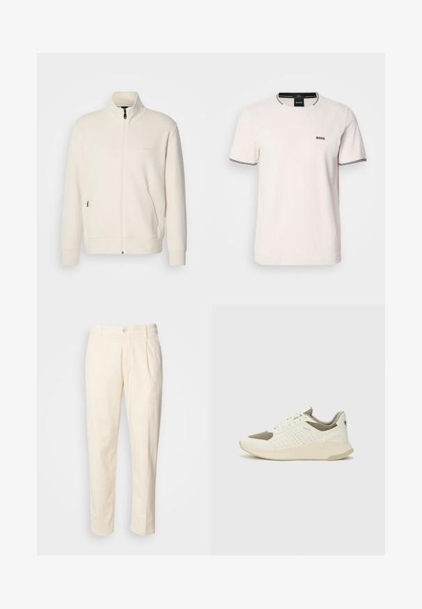 Off-white zip-up jakna s stoječim ovratnikom, dolgimi rokavi, stranskimi žepi in subtilnim logotipom "BOSS" na levem prsnem delu.; Svijetlo roza majica od pamuka. Okrugli izrez s kontrastnim crnim rebrastim detaljem. Mali crni "BOSS" logo na grudima. Kratki rukavi.; Kremni bombažni hlače s ravnim krojem, ki vključujejo sprednje nabore, gumbasto zapiranje in stranske žepe. Gladka tekstura.; Beli in svetlo bež športni copat, s mrežastim zgornjim delom, perforiranimi detajli in teksturirano srednjim delom z blagovno znamko na peti.