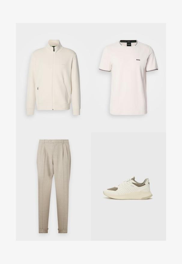 Off-white Zip-Jacke mit Stehkragen, langen Ärmeln, Seitentaschen und dezenter "BOSS"-Logo auf der linken Brust.; Helles rosa T-Shirt aus Baumwolle. Rundhalsausschnitt mit kontrastierendem schwarzen Rippenbesatz. Kleines schwarzes "BOSS"-Logo auf der Brust. Kurze Ärmel.; Beige Plissee-Hosen mit glatter Textur, ausgestattet mit einem frontalen Knopfverschluss und umgeschlagenen Säumen. Maßgeschneiderte Passform und gerades Beindesign.; Weiße und hellbeige Sport Sneakers, ausgestattet mit einem Obermaterial aus Netzgewebe, perforierten Details und einer strukturierten Zwischensohle mit Branding an der Ferse.