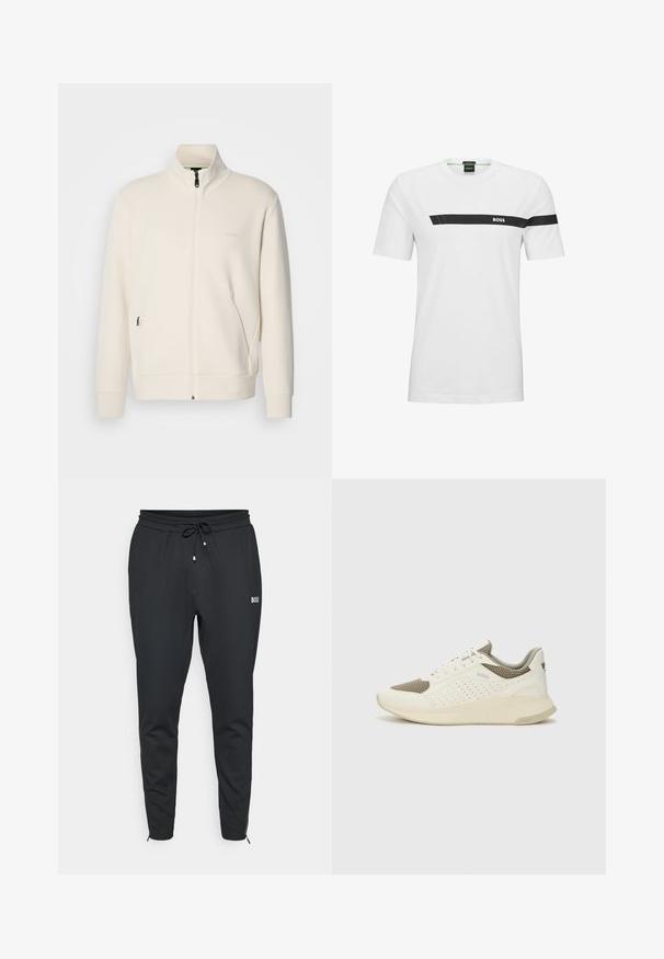 Off-white zip-up jack met staande kraag, lange mouwen, zijzakken en een subtiele "BOSS" logo op de linkerborst.; BOSS TEE - T-shirt print - white; Zwarte joggerbroeken van zachte stof, met een trekkoord in de taille, zijzakken en een slim fit ontwerp met ritsen bij de enkels.; Witte en lichtbeige sport sneaker, met een bovenwerk van mesh, geperforeerde details en een gestructureerde tussenzool met branding op de hiel.