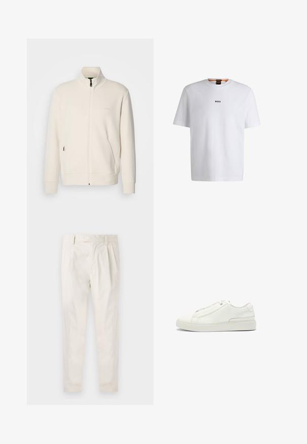 Off-white zip-up jacket with stand collar, long sleeves, side pockets, and subtle "BOSS" logo on the left chest.; White cotton T-shirt with short sleeves, featuring a black "BOSS" logo centered on the chest and a round neck design.; White, pleated trousers with a tailored fit, featuring a smooth texture, belt loops, and tapered legs. No visible pockets or patterns.; White leather sneaker featuring a textured upper, a round toe, minimalistic design, and a rubber sole with stitched detailing.