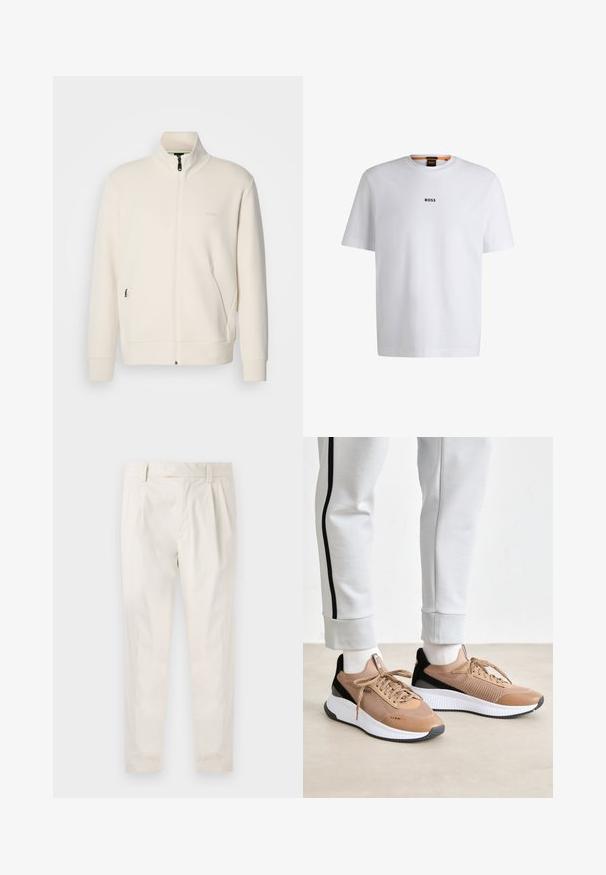Hosszú ujjú, álló galléros, krémfehér cipzáras dzseki, oldalsó zsebekkel és diszkrét "BOSS" logóval a bal mellrészen.; Fehér pamut póló rövid ujjakkal, középen fekete "BOSS" logóval a mellkason és kerek nyakú kialakítással.; Fehér, pliszírozott nadrág, testre szabott szabással, sima felülettel, övhurkokkal és karcsú lábszárral. Nincs látható zseb vagy minta.; Beige sportcipők, hálós és szintetikus felsőrész, fekete sarokakcentussal és fehér, texturált talppal. Fűzők és márkajelzés látható.