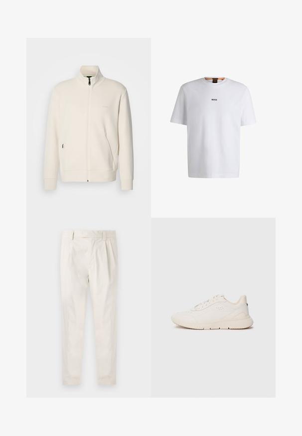 Krémová zipová bunda s vysokým límcem, dlouhými rukávy, bočními kapsami a jemným logem "BOSS" na levé části hrudi.; Bílý bavlněný tričko s krátkým rukávem, se středovým černým logem "BOSS" na hrudi a kulatým výstřihem.; Bílé, plisované kalhoty s upraveným střihem, které mají hladkou texturu, poutka na opasek a zúžené nohavice. Bez viditelných kapes nebo vzorů.; Bílé tenisky vyrobené z texturovaného materiálu, s hladkou podrážkou, šněrováním vpředu a nenápadným logem na patě. Minimalistický design.