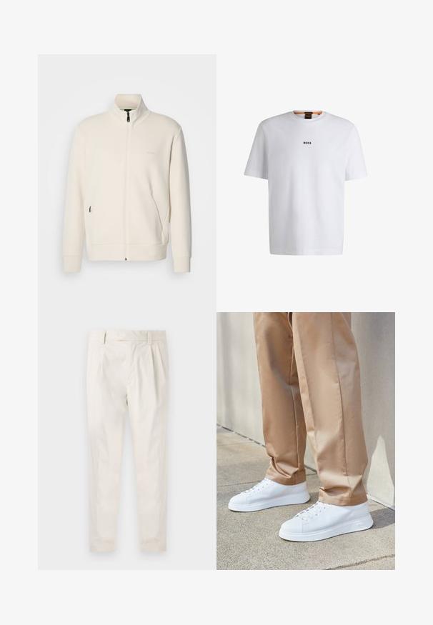 Off-white Zip-Jacke mit Stehkragen, langen Ärmeln, Seitentaschen und dezenter "BOSS"-Logo auf der linken Brust.; Weißes Baumwoll-T-Shirt mit kurzen Ärmeln, ausgestattet mit einem schwarzen "BOSS"-Logo, das mittig auf der Brust platziert ist, und einem runden Halsausschnitt.; Weiße, plissierte Hose mit taillierten Schnitt, die eine glatte Textur, Gürtelschlaufen und schmal zulaufende Beine aufweist. Keine sichtbaren Taschen oder Muster.; Weiße Leder-Sneaker mit glatter Oberfläche, runden Zehen, weißen Schnürsenkeln und einem minimalistischen Design. Tragen mit hellbraunen, schmal geschnittenen Hosen.