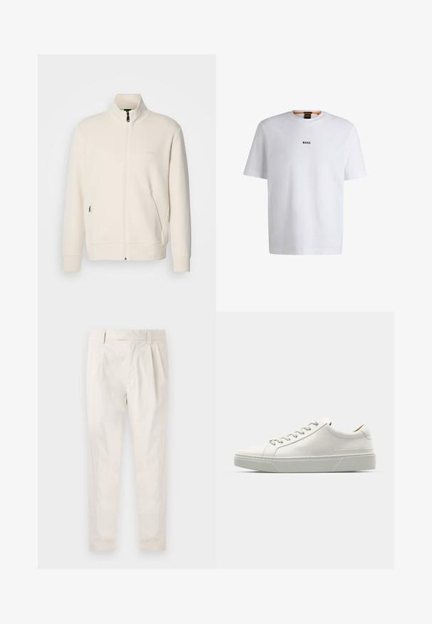 Kreemi värvi lukuga jakk kõrge kraega, pikkade varrukatega, küljetaskutega ja diskreetse "BOSS" logo ka vasakul rinnal.; Valge puuvillane T-särk lühikeste varrukatega, millel on must "BOSS" logo, mis on keskendatud rinnale, ja ümmargune kaelaava disain.; Valged volditud püksid, mis on kohandatud sobivusega, sujuva tekstuuriga, vööloopidega ja kitsenevate jalgadega. Pole nähtavaid taskuid ega mustreid.; Valge nahast tennis, millel on ümmargune varvas, minimalistlik disain, hallad paelad ja tekstureeritud hall kummitald. Näha on peeneid õmblusdetailide.