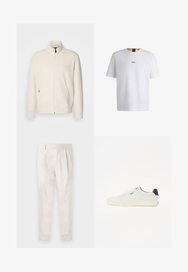 Off-white Zip-Jacke mit Stehkragen, langen Ärmeln, Seitentaschen und dezenter "BOSS"-Logo auf der linken Brust.; Weißes Baumwoll-T-Shirt mit kurzen Ärmeln, ausgestattet mit einem schwarzen "BOSS"-Logo, das mittig auf der Brust platziert ist, und einem runden Halsausschnitt.; Weiße, plissierte Hose mit taillierten Schnitt, die eine glatte Textur, Gürtelschlaufen und schmal zulaufende Beine aufweist. Keine sichtbaren Taschen oder Muster.; Weiße ledersneaker mit strukturiertem Finish, ausgestattet mit einer schwarzen Fersenpartie, runder Zehenpartie und schwarzem Markenzeichen an der Seite. Leichte Gummisohle.