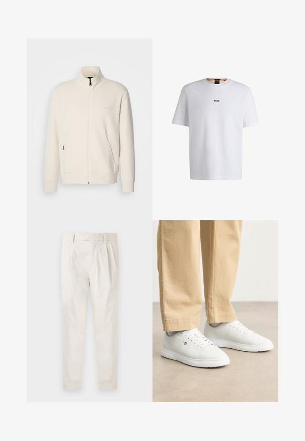 Off-white zip-up jack met staande kraag, lange mouwen, zijzakken en een subtiele "BOSS" logo op de linkerborst.; Witte katoenen T-shirt met korte mouwen, voorzien van een zwart "BOSS"-logo in het midden van de borst en een ronde halsontwerp.; Witte, geplooide broeken met een getailleerde pasvorm, met een gladde textuur, riemlussen en taps toelopende benen. Geen zichtbare zakken of patronen.; Witte leren sneakers met een gladde afwerking, voorzien van een ronde neus, vlechtontwerp en subtiele logo-detail aan de zijkant, gecombineerd met beige broek.