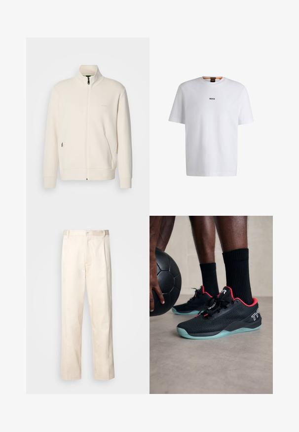 Off-white zip-up jacket with stand collar, long sleeves, side pockets, and subtle "BOSS" logo on the left chest.; White cotton T-shirt with short sleeves, featuring a black "BOSS" logo centered on the chest and a round neck design.; Beige cotton trousers with a straight-leg cut, featuring a button closure and pleats at the front for added detail.; Black athletic shoes with red accents, mesh upper, laced design, and a light blue translucent sole, alongside a black ball.
