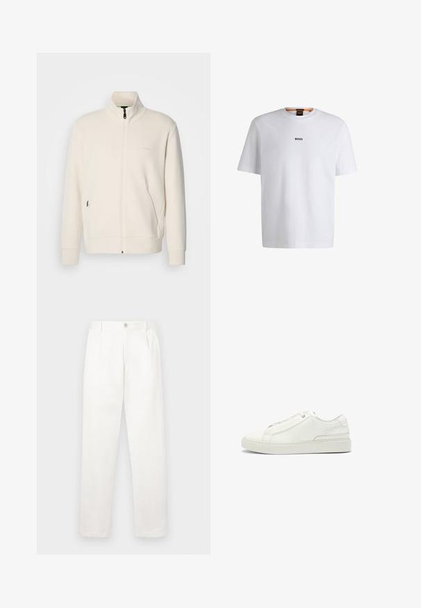 Off-white Zip-Jacke mit Stehkragen, langen Ärmeln, Seitentaschen und dezenter "BOSS"-Logo auf der linken Brust.; Weißes Baumwoll-T-Shirt mit kurzen Ärmeln, ausgestattet mit einem schwarzen "BOSS"-Logo, das mittig auf der Brust platziert ist, und einem runden Halsausschnitt.; Weiße Hose aus glattem Gewebe, mit geradem Bein, Vorderfalten und einem einzelnen Knopfverschluss an der Taille.; Weiße Leder-Sneaker mit strukturierter Oberseite, runder Zehenform, minimalistischem Design und Gummisohle mit gestickten Details.