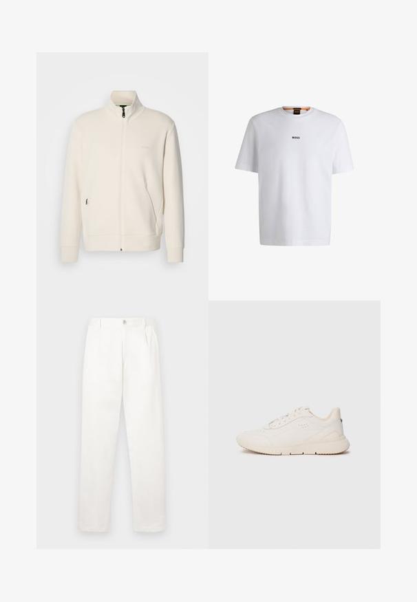 Off-white zip-up jakna s stoječim ovratnikom, dolgimi rokavi, stranskimi žepi in subtilnim logotipom "BOSS" na levem prsnem delu.; Bela bomba iz bombaža s kratkimi rokavi, ki ima črni logotip "BOSS" na sredini prsnega dela in okroglo obliko ovratnika.; Bele hlače iz gladkega blaga, z ravnimi nogami, sprednjimi gubami in enim gumbom za zapiranje v pasu.; Bela superga, izdelana iz teksturiranega materiala, s gladkim podplatom, vezanjem spredaj in subtilnim logotipom na peti. Minimalistična zasnova.