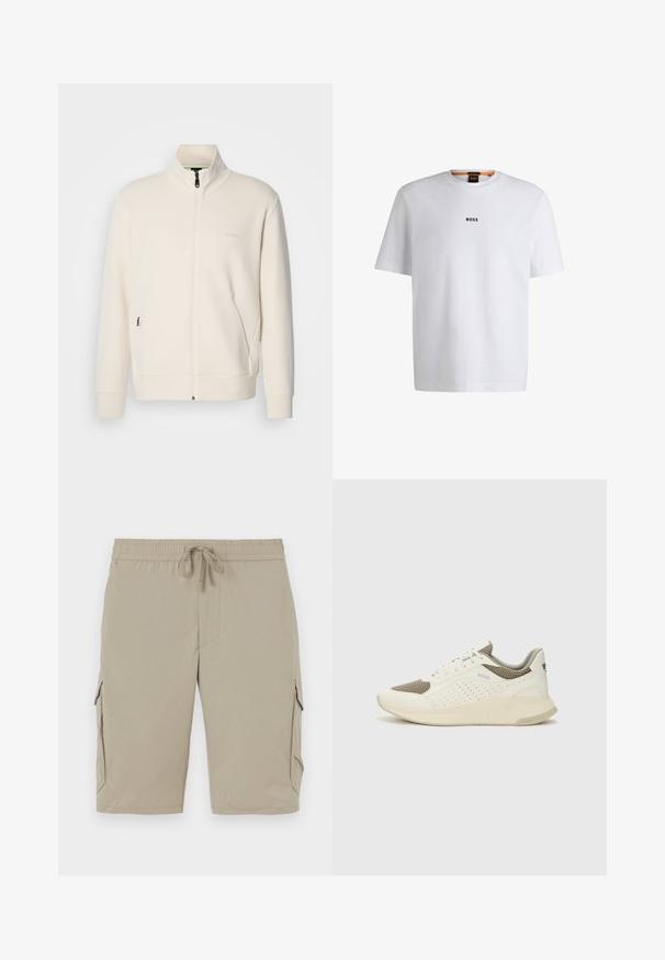 Valkoinen vetoketjullinen takki, jossa on pystykaulus, pitkät hihat, sivutaskut ja huomaamaton "BOSS"-logo vasemmassa rinnassa.; Valkoinen puuvillapaita lyhyillä hihoilla, jossa on musta "BOSS"-logo keskellä rintaa ja pyöreä pääntie.; Beige cargo shortsit, joissa on joustava vyötärö ja kiristysnauha. Ominaisuuksiin kuuluvat sivutaskut ja sileä, kevyt kangas.; Valkoinen ja vaaleanbeige urheilukengät, joissa on verkkomateriaali yläosa, rei'itettyjä yksityiskohtia ja teksturoitu välipohja, jossa on brändäys kantapäässä.