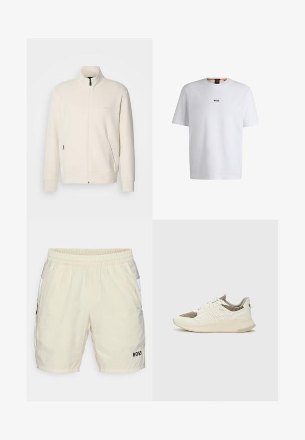 Hosszú ujjú, álló galléros, krémfehér cipzáras dzseki, oldalsó zsebekkel és diszkrét "BOSS" logóval a bal mellrészen.; Fehér pamut póló rövid ujjakkal, középen fekete "BOSS" logóval a mellkason és kerek nyakú kialakítással.; Beige fürdőnadrág rugalmas derékpánttal, oldalsó zsebekkel és fekete "BOSS" logóval a jobb alsó részen. Simább, könnyű anyag.; Fehér és világos bézs sportcipő, légies hálós felsőrésszel, perforált részletekkel és texturált középtalppal, amelyen a saroknál a márka logója található.