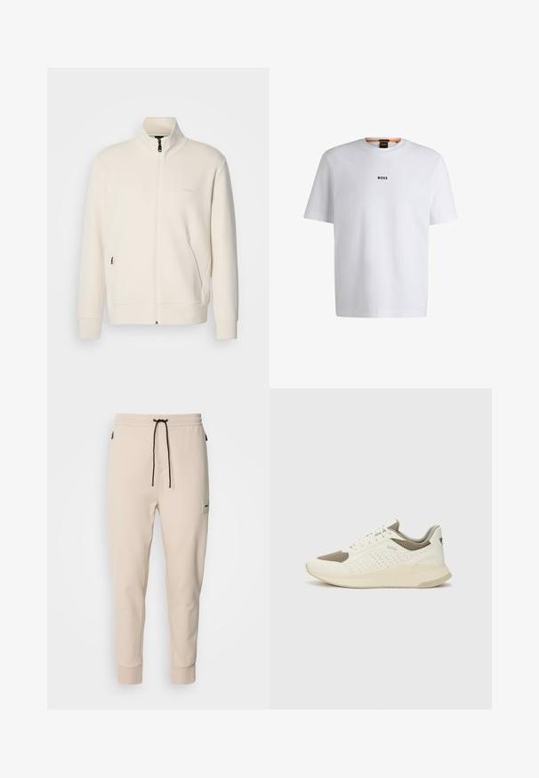 Off-white zip-up jack met staande kraag, lange mouwen, zijzakken en een subtiele "BOSS" logo op de linkerborst.; Witte katoenen T-shirt met korte mouwen, voorzien van een zwart "BOSS"-logo in het midden van de borst en een ronde halsontwerp.; Beige katoenen joggers met een verstelbare taille, taps toelopende pasvorm, twee zijzakken en een klein label op de linker bovenbeen. Soepele textuur.; Witte en lichtbeige sport sneaker, met een bovenwerk van mesh, geperforeerde details en een gestructureerde tussenzool met branding op de hiel.