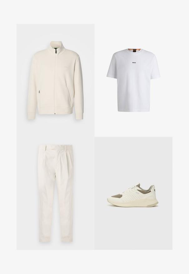 Kreemi värvi lukuga jakk kõrge kraega, pikkade varrukatega, küljetaskutega ja diskreetse "BOSS" logo ka vasakul rinnal.; Valge puuvillane T-särk lühikeste varrukatega, millel on must "BOSS" logo, mis on keskendatud rinnale, ja ümmargune kaelaava disain.; Valged volditud püksid, mis on kohandatud sobivusega, sujuva tekstuuriga, vööloopidega ja kitsenevate jalgadega. Pole nähtavaid taskuid ega mustreid.; Valge ja heledat beeži värvi spordijalats, millel on õhuke võrkmaterjal, perforatsioonidega detailid ning tekstuuriga vahetald, millel on brändi logo kannaosas.