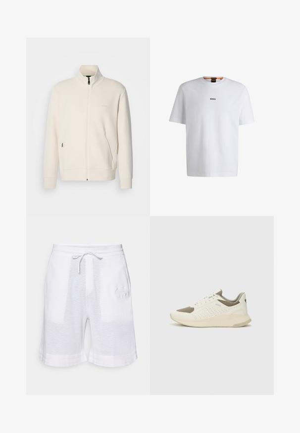 Off-white zip-up jakke med stående krage, lange ermer, sidelommer og diskré "BOSS" logo på venstre bryst.; Hvit bomulls T-skjorte med korte ermer, med en svart "BOSS" logo sentrert på brystet og rund halsdesign.; BOSS HERITAGE - Sports shorts - white; Hvit og lysebeige treningssko, med en mesh-overdel, perforerte detaljer og en teksturert mellomsåle med merkevare på hælen.