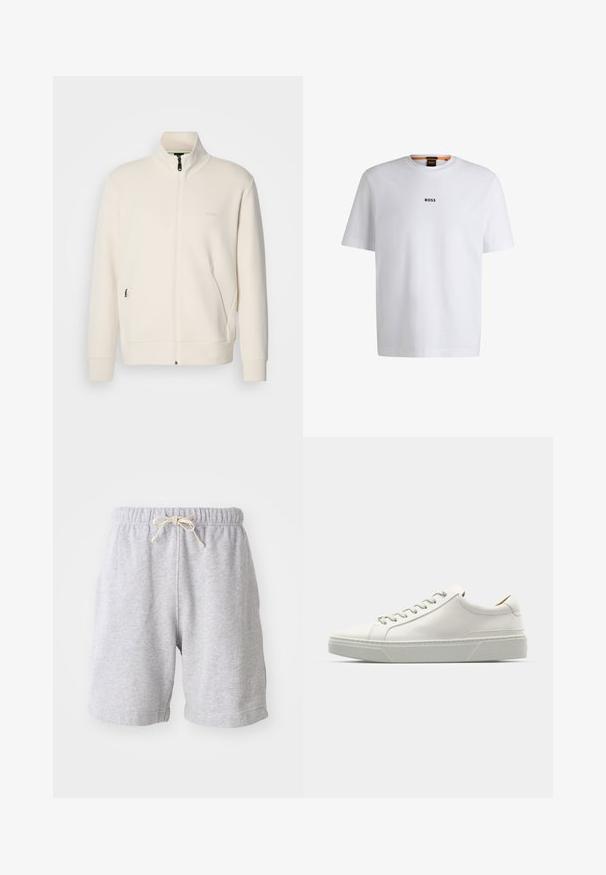 Kreemi värvi lukuga jakk kõrge kraega, pikkade varrukatega, küljetaskutega ja diskreetse "BOSS" logo ka vasakul rinnal.; Valge puuvillane T-särk lühikeste varrukatega, millel on must "BOSS" logo, mis on keskendatud rinnale, ja ümmargune kaelaava disain.; Hallid puuvillased lühikesed püksid elastse vöökoha ja paelaga. Keskmise reie pikkus, külgseamid ja pehme tekstuur. Ilma taskute ja nähtavate mustriteta.; Valge nahast tennis, millel on ümmargune varvas, minimalistlik disain, hallad paelad ja tekstureeritud hall kummitald. Näha on peeneid õmblusdetailide.