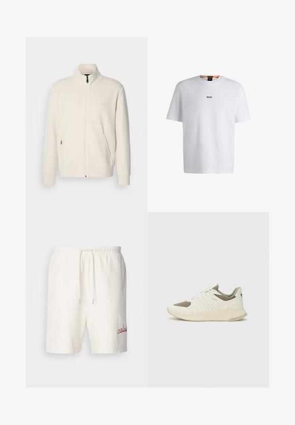 Krémová bunda na zips so stojatým golierom, dlhými rukávmi, bočnými vreckami a jemným logom "BOSS" na ľavej hrudi.; Biela bavlnená tričko s krátkymi rukávmi, na prednej strane so stredne umiestneným čiernym logom "BOSS" a okrúhlym výstrihom.; Biele bavlnené šortky s elastickým pásom a šnúrkou. Na ľavom nohe obsahujú červený vyšitý nápis "calvin". Mäkká textúra, jednoduchý dizajn.; Biele a svetlo béžové športové tenisky s hornou časťou z mriežkového materiálu, perforovanými detailmi a textúrovanou medzipodrážkou s logom na päte.