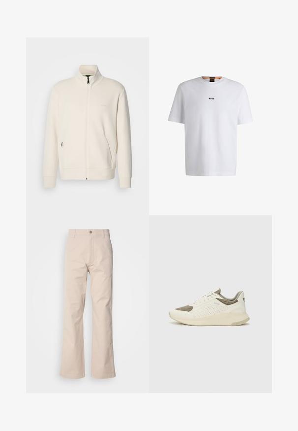 Jakna boje off-white s patentnim zatvaračem, stajaćim ovratnikom, dugim rukavima, bočnim džepovima i suptilnim logotipom "BOSS" na lijevoj strani prsnog koša.; Bijela pamučna majica kratkih rukava, s crnim logotipom "BOSS" centriranim na prsima i okruglim izrezom.; Bež pamuk hlače s ravnim krojem, s kopčanjem na dugme, prednjim džepovima i minimalnim detaljima šavova.; Bijele i svijetlosmeđe sportske tenisice, sa mrežastim gornjim dijelom, perforiranim detaljima i teksturiranim međutrakom sa brendom na peti.