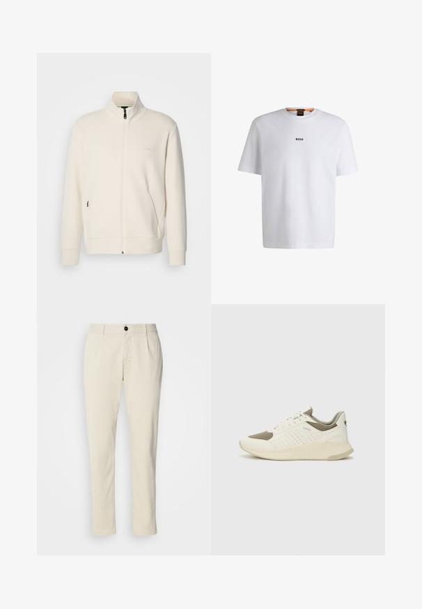 Hosszú ujjú, álló galléros, krémfehér cipzáras dzseki, oldalsó zsebekkel és diszkrét "BOSS" logóval a bal mellrészen.; Fehér pamut póló rövid ujjakkal, középen fekete "BOSS" logóval a mellkason és kerek nyakú kialakítással.; Beige színű pamut chinos nadrág egyenes szabással, egyetlen gombos záródással és övhurkokkal. Simító textúrájú, minimális látható varrással.; Fehér és világos bézs sportcipő, légies hálós felsőrésszel, perforált részletekkel és texturált középtalppal, amelyen a saroknál a márka logója található.