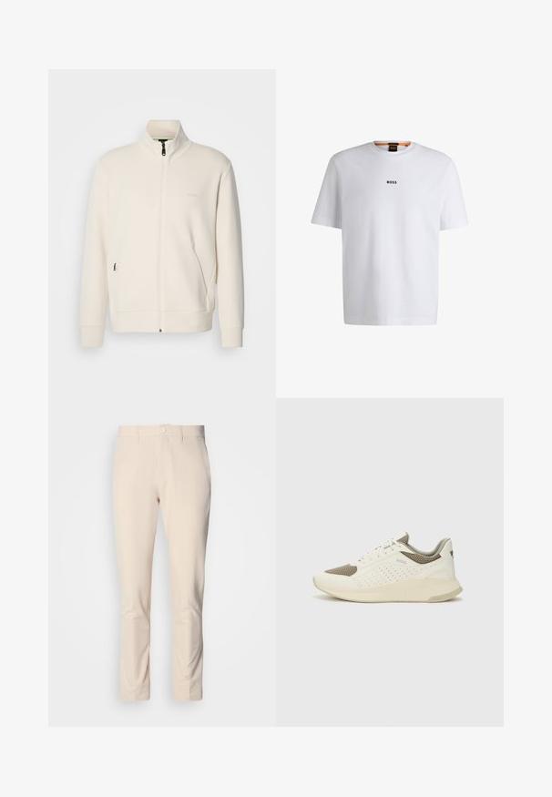 Off-white krūškurvja jaka ar uzacīšu apkakli, garām piedurknēm, sānu kabatām un diskrētu "BOSS" logo uz kreisā krūškurvja.; Balta kokvilnas T-kreklu ar īsām piedurknēm, ar melnu "BOSS" logotipu centrā uz krūšu un apļa formas kakla dizainu.; Bēša piegriezuma bikses ar pogu aizdari, jostas cilpām un priekšējām kabatām, attēlotas uz vienkārša baltā fona.; Baltas un gaiši bež sporta apavi, ar sieta augšdaļu, perforētiem detaļām un teksturētu vidusdaļu ar zīmolu uz papēža.