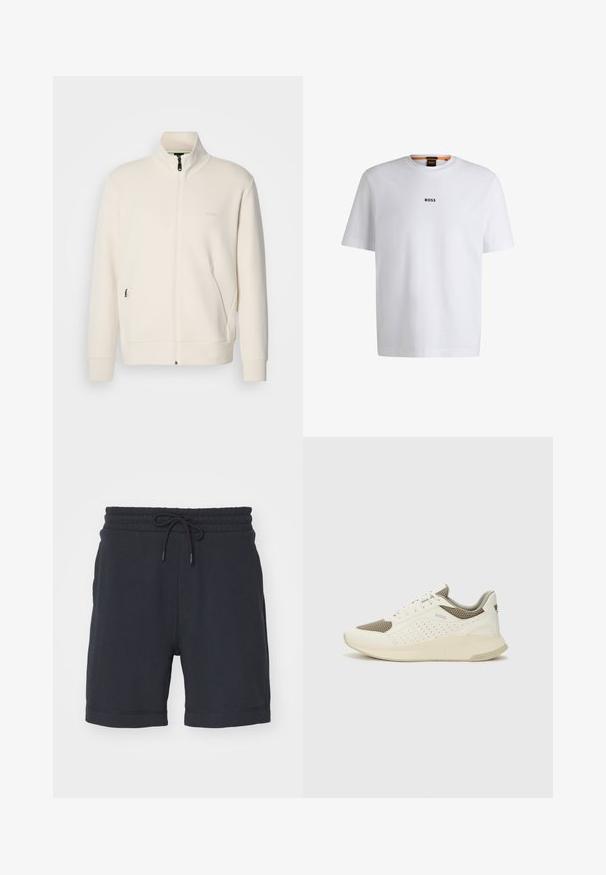 Oficialiai balta zip-up striukė su stovinčia apykakle, ilgomis rankovėmis, šoninėmis kišenėmis ir subtiliu "BOSS" logotipu kairėje krūtinės pusėje.; Balta medvilninė marškinėliai trumpomis rankovėmis, su juodu "BOSS" logotipu, centruotu ant krūtinės, ir apvaliu kaklo dizainu.; Tamsiai mėlyni šortai su elastinga juosta ir reguliuojama raištelių sistema, su lygiu paviršiumi ir standartiniu apvadu.; Baltas ir šviesiai bežinis sportinis kedas, su tinklo viršumi, perforuotais detalėmis ir tekstūruotu tarpine su logotipu ant kulno.