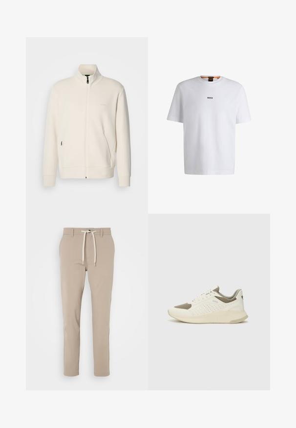 Off-white zip-up jakke med stående krage, lange ermer, sidelommer og diskré "BOSS" logo på venstre bryst.; Hvit bomulls T-skjorte med korte ermer, med en svart "BOSS" logo sentrert på brystet og rund halsdesign.; BOSS TAPERED - Bukse - light beige; Hvit og lysebeige treningssko, med en mesh-overdel, perforerte detaljer og en teksturert mellomsåle med merkevare på hælen.