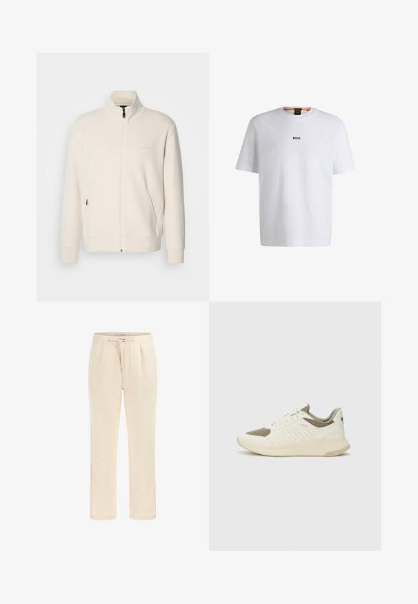 Off-white zip-up jack met staande kraag, lange mouwen, zijzakken en een subtiele "BOSS" logo op de linkerborst.; Witte katoenen T-shirt met korte mouwen, voorzien van een zwart "BOSS"-logo in het midden van de borst en een ronde halsontwerp.; Beige sweatpants gemaakt van zacht materiaal met een elastische tailleband, trekkoord en zijzakken. Rechte pijpen met een gladde textuur.; Witte en lichtbeige sport sneaker, met een bovenwerk van mesh, geperforeerde details en een gestructureerde tussenzool met branding op de hiel.