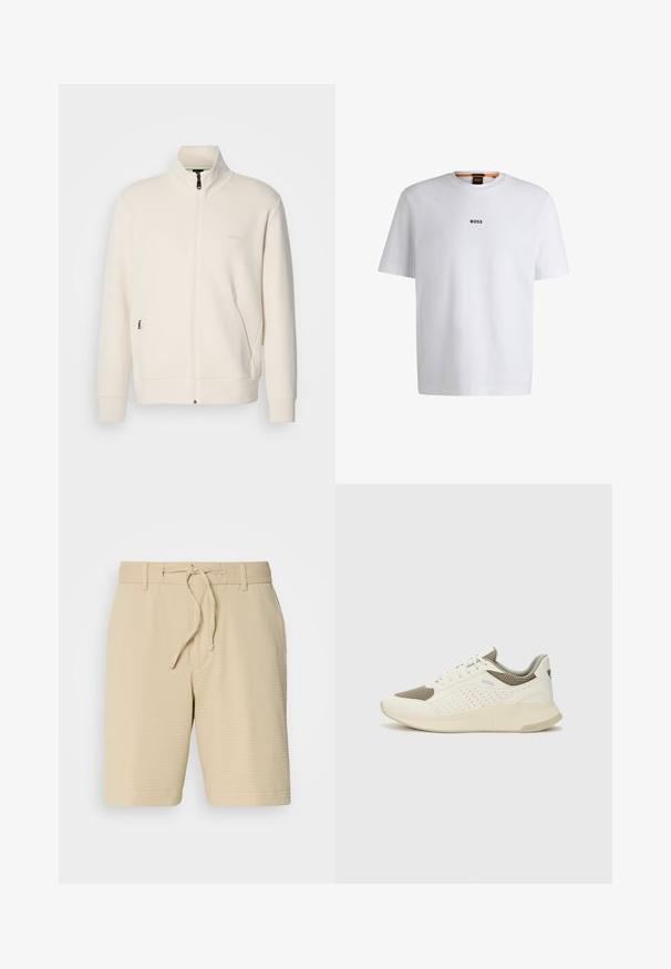 Krémová zipová bunda s vysokým límcem, dlouhými rukávy, bočními kapsami a jemným logem "BOSS" na levé části hrudi.; Bílý bavlněný tričko s krátkým rukávem, se středovým černým logem "BOSS" na hrudi a kulatým výstřihem.; Béžové šortky vyrobené z texturované tkaniny, se zvýšeným pasem s elastickým páskem a šňůrkou a bočními kapsami pro větší funkčnost.; Bílé a světle béžové atletické tenisky, které mají síťovaný svršek, perforované detaily a texturovanou mezipodešev s logem na patě.