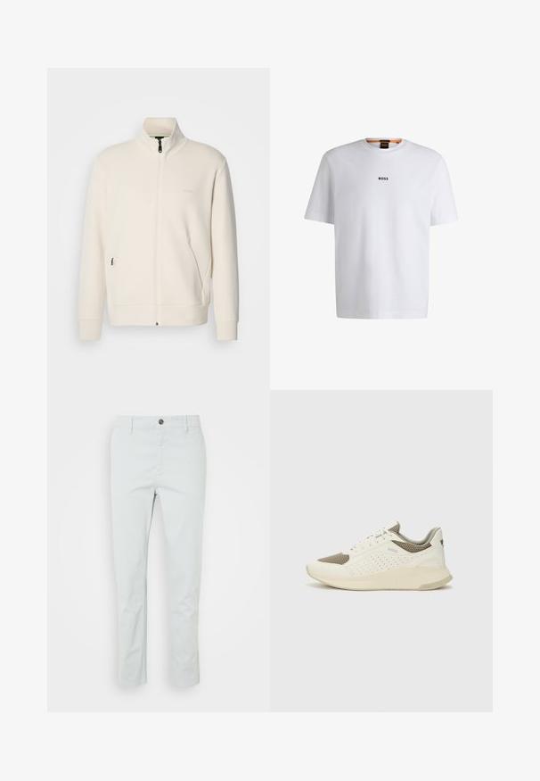 Kurtka zapinana na zamek w kolorze off-white z stójką, długimi rękawami, bocznymi kieszeniami oraz subtelnym logo "BOSS" na lewej piersi.; Biała bawełniana koszulka z krótkim rękawem, z czarnym logo "BOSS" umieszczonym na środku klatki piersiowej oraz okrągłym dekoltem.; Jasnozielone bawełniane spodnie o prostym kroju, z zapięciem na guzik z przodu oraz bocznymi kieszeniami. Gładka tekstura, bez widocznych wzorów.; Białe i jasnobeżowe sneakersy sportowe, z siateczkową cholewką, perforowanymi detalami oraz teksturowaną podeszwą śródstopia z brandingiem na pięcie.