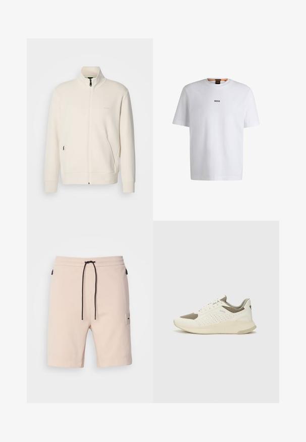 Krémová zipová bunda s vysokým límcem, dlouhými rukávy, bočními kapsami a jemným logem "BOSS" na levé části hrudi.; Bílý bavlněný tričko s krátkým rukávem, se středovým černým logem "BOSS" na hrudi a kulatým výstřihem.; Světle béžové šortky s elastickým pasem, černou stahovací šňůrkou, dvěma bočními zipovými kapsami a malou nášivkou loga na levé noze.; Bílé a světle béžové atletické tenisky, které mají síťovaný svršek, perforované detaily a texturovanou mezipodešev s logem na patě.