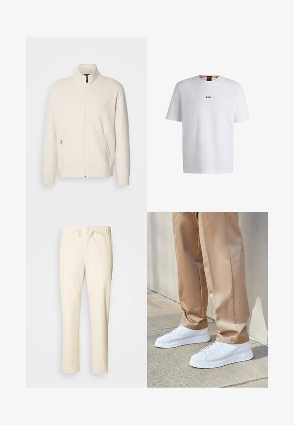 Lysbeige zip-up jakke med ståkrave, lange ærmer, sidelommer og diskret "BOSS" logo på venstre bryst.; Hvid bomuld T-shirt med korte ærmer, med et sort "BOSS" logo centreret på brystet og en rund halsudskæring.; Lyse beige afslappede bukser lavet af blødt stof, med en elastisk talje og snor samt sidelommer.; Hvide lædersneakers med en glat finish, runde tæer, hvide snørebånd og et minimalistisk design. Båret med lysebrune, tætsiddende bukser.