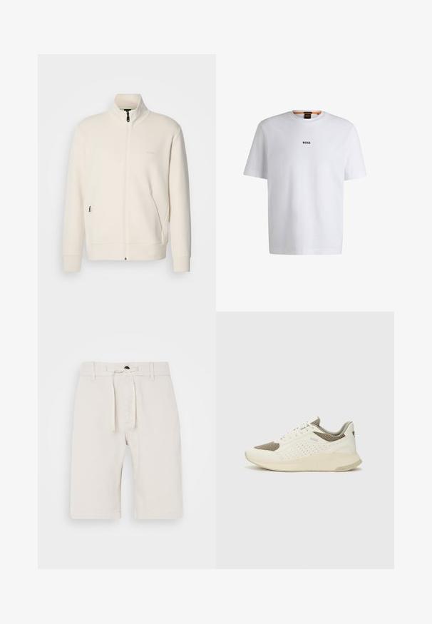 Off-white zip-up jacket with stand collar, long sleeves, side pockets, and subtle "BOSS" logo on the left chest.; White cotton T-shirt with short sleeves, featuring a black "BOSS" logo centered on the chest and a round neck design.; Beige cotton shorts with a drawstring waist, straight legs, side pockets, and a smooth texture. Designed for comfort and casual wear.; White and light beige athletic sneaker, featuring a mesh upper, perforated detailing, and a textured midsole with branding on the heel.
